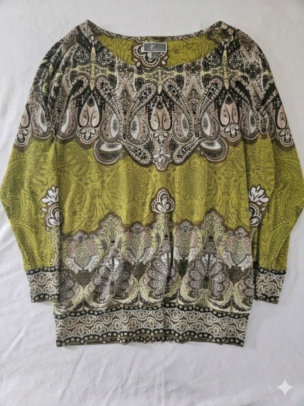 JM Collection Olive Green Paisley Print Long Sleeve Blouse